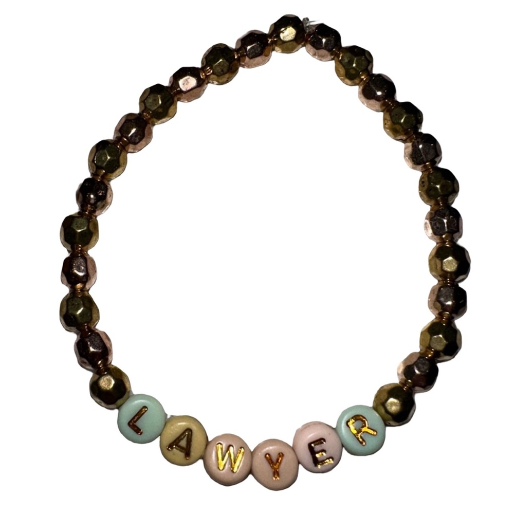 Lawyer Stretch Bracelet – Gold & Rose Gold Beads with Pastel Letter Accents